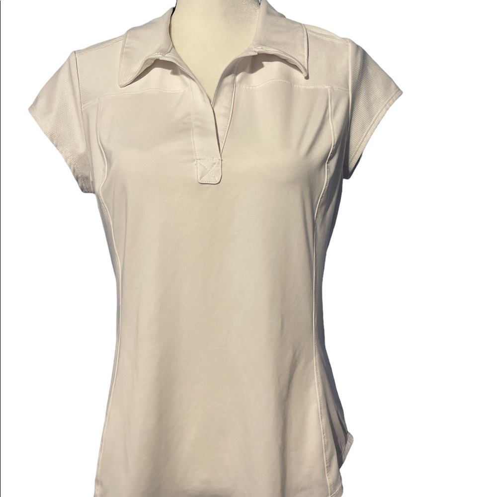 ATHLETA Women's White Short-Sleeve Collared V-Neck Fitted Top Sz M